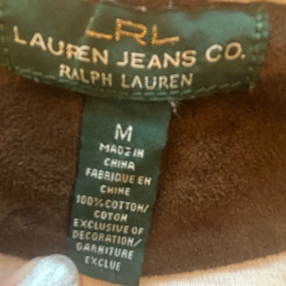 LAUREN RALPH LAUREN Off White Long Sleeve Women’s T-shirt with Brown Suede Med - Picture 8 of 10
